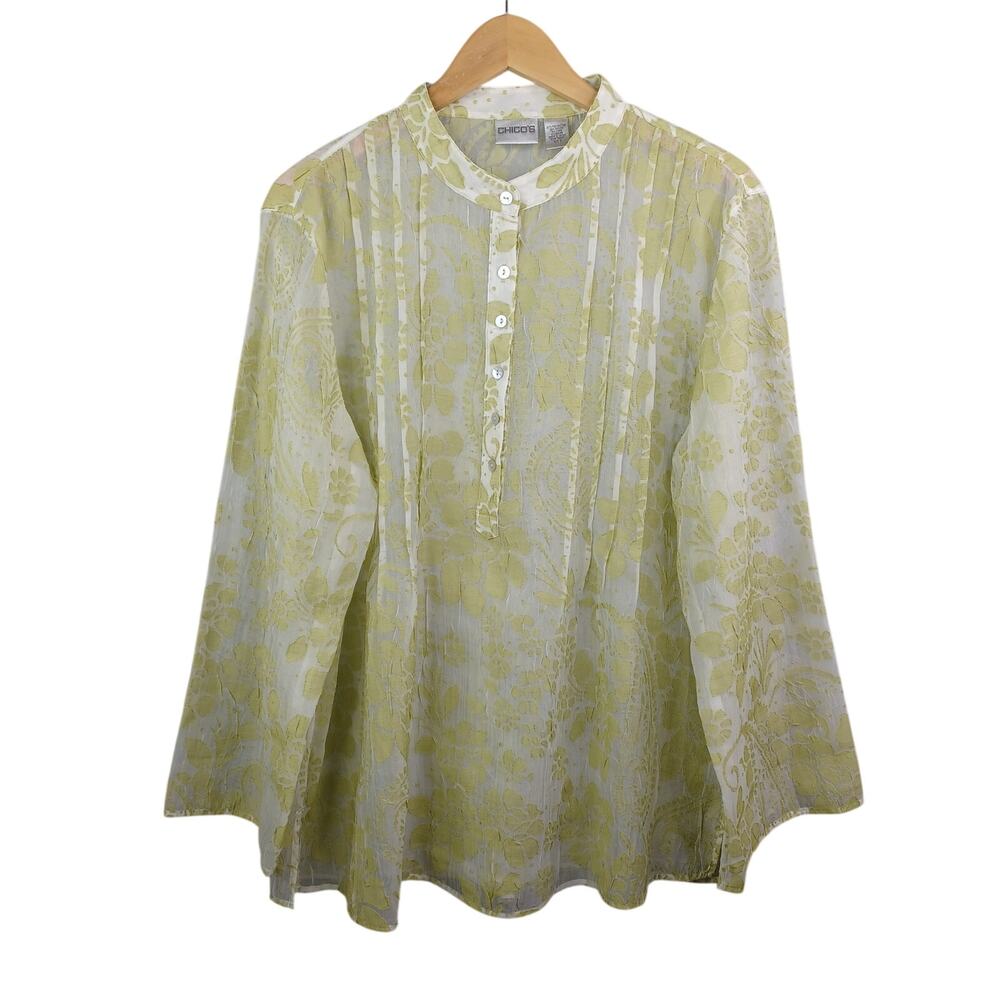 Chico's Women's Floral Sheer Blouse Size 3‎ XL Cream Green Henley Boho Tunic